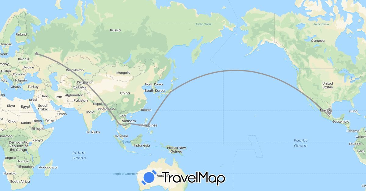 TravelMap itinerary: driving, plane in Japan, Cambodia, Mexico, Philippines, Russia, Thailand, Vietnam (Asia, Europe, North America)